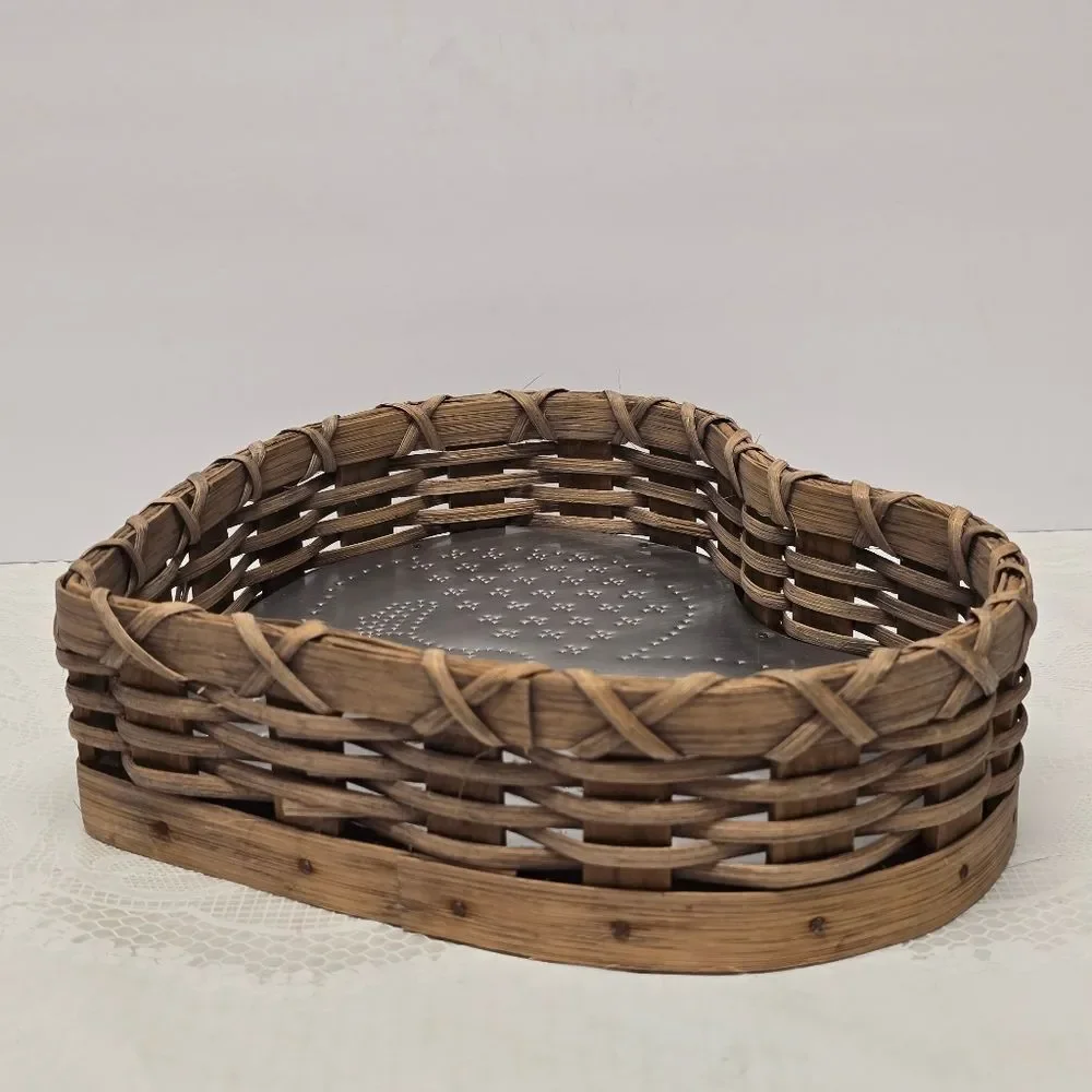 Vintage Wicker and Tin Heart Basket Punched Doves Love Birds Valentine's Day